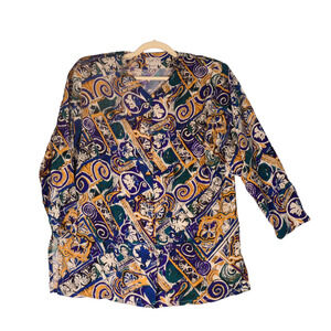 Vintage Papell Too Tunic Blouse Womens 16 Blue Massive Shoulder Pads 100% Silk